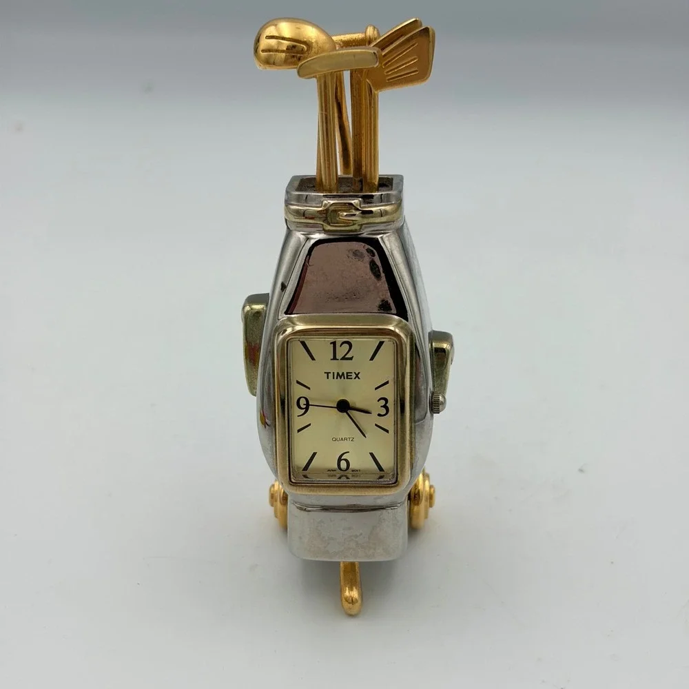 Timex Miniature Golf Bag Desk Clock Silver Gold Tone Quartz Novelty Sport Decor